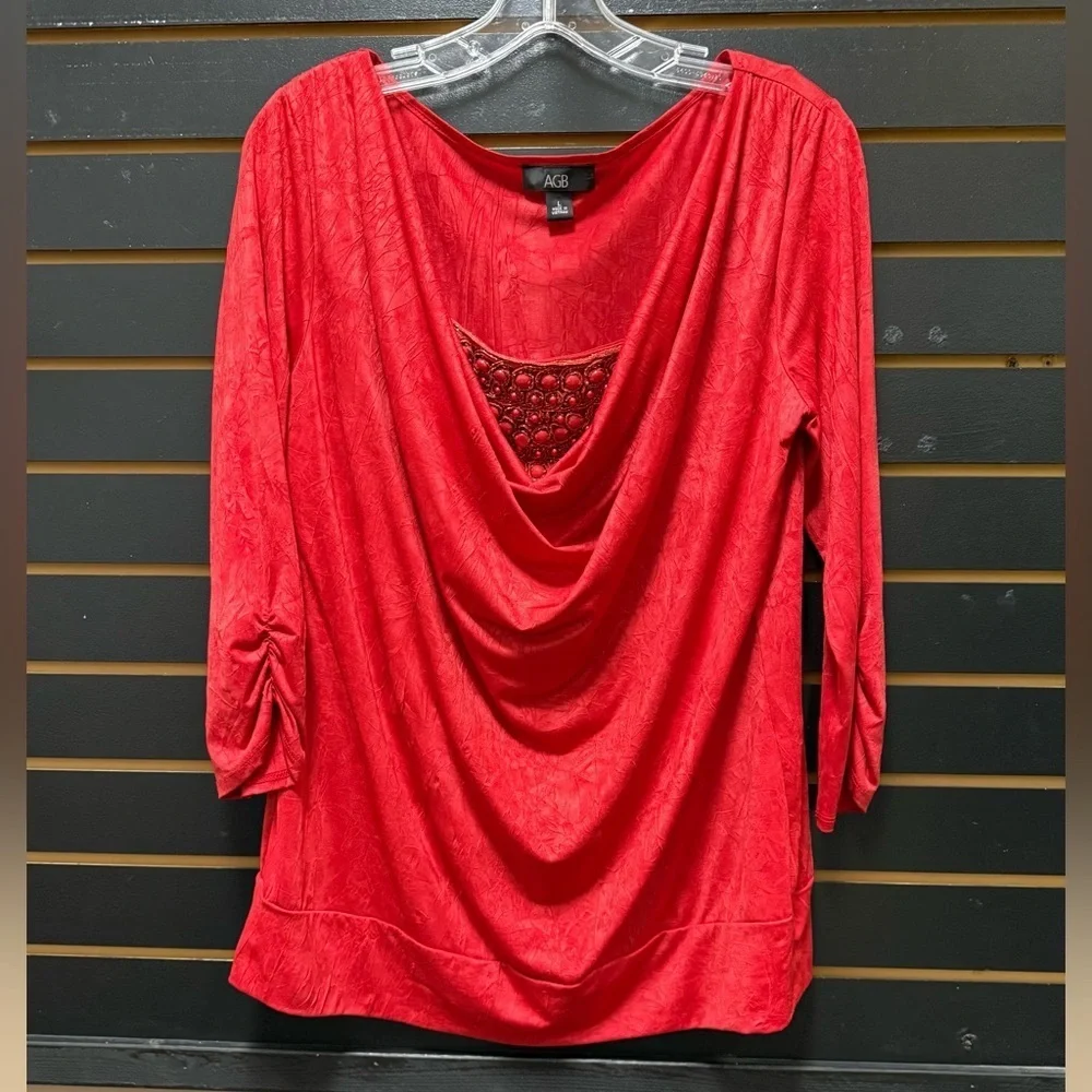 AGB Red Drape Neck Embellished Top Ruched Sleeve Size L